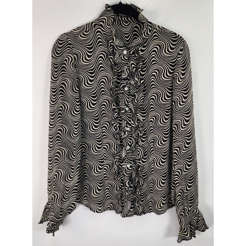J. Mclaughlin Silk Button Up Top Women's 6 Ruffle Retro Chic Zebra Blouse